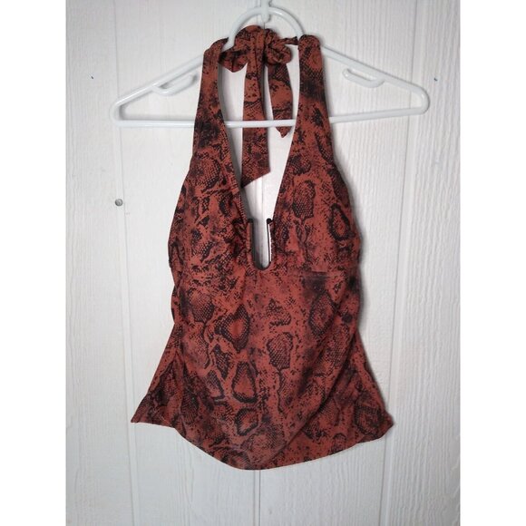Kona Sol Women's S Snake Print U-Wire Halter Tankini Swim Top Brown & Black NWT - Picture 2 of 8